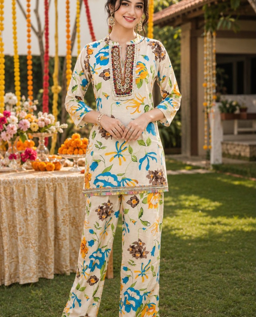 CREAM - Cream Poly Cotton Print Work Casual Kurti for Festival